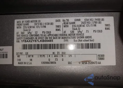 2020 Ford Transit-350 Passenger Van Xl из США, поврежденный, VIN 1FBAX2Y87LKB00485